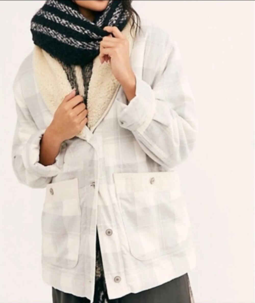 FREE PEOPLE | Woodlands Gray Plaid Flannel Sherpa Lined Jacket | Extra Small